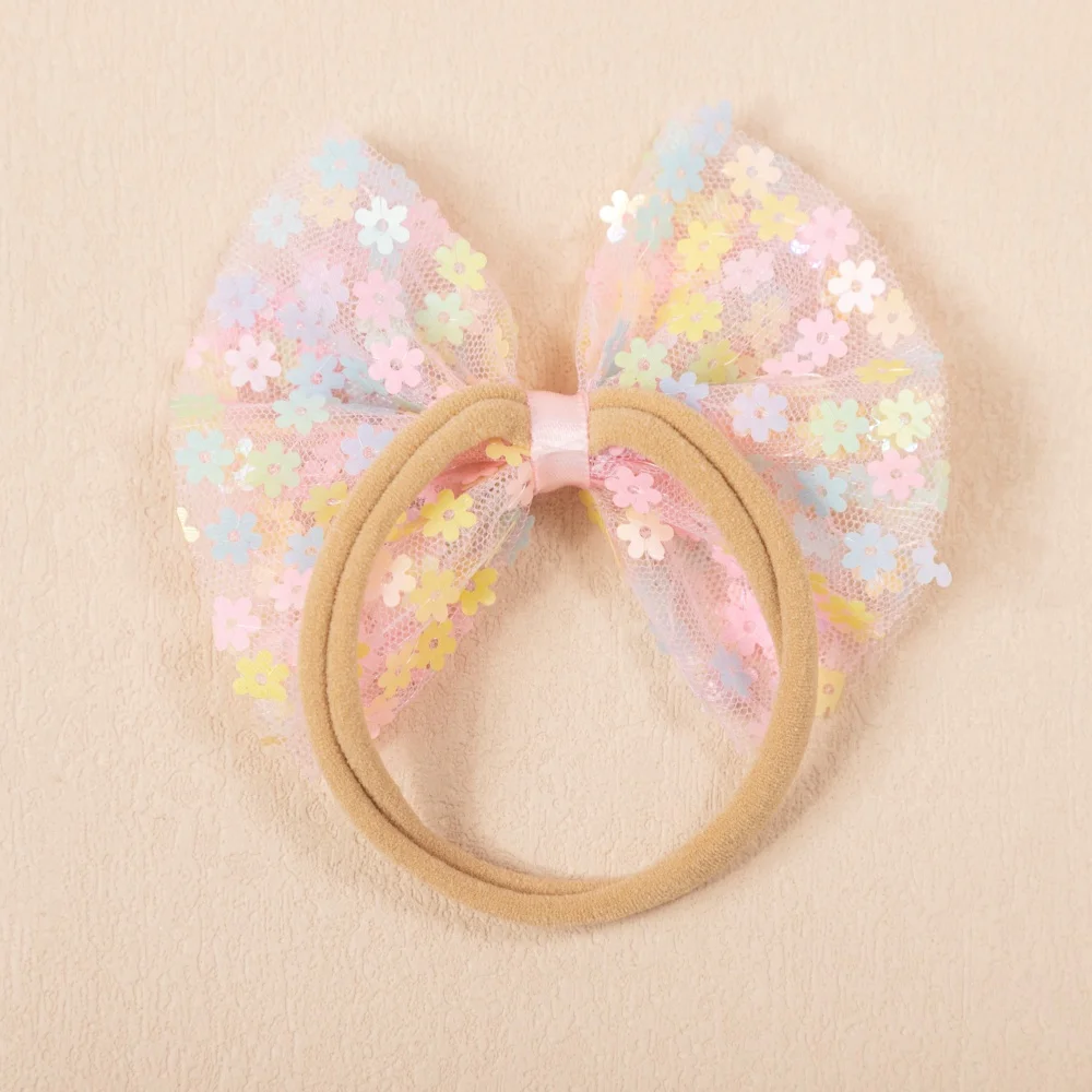 5 unids/set nuevo agradable arco banda para el cabello Color caramelo malla lentejuelas arco diademas para recién nacidos niñas lindos sombreros para niños - imagen 5