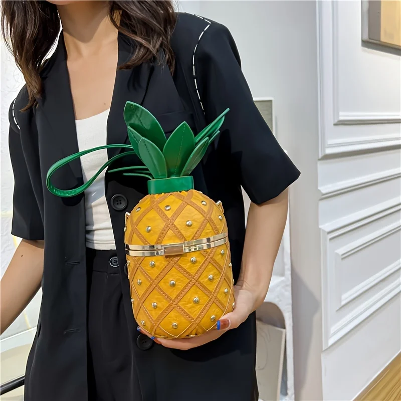 Monedero de piña para mujer, novedad, bolso de verano, bolso de hombro tipo bandolera, bolso hawaiano de cuero PU con remaches, bolso con correa de cadena para niñas - imagen 3