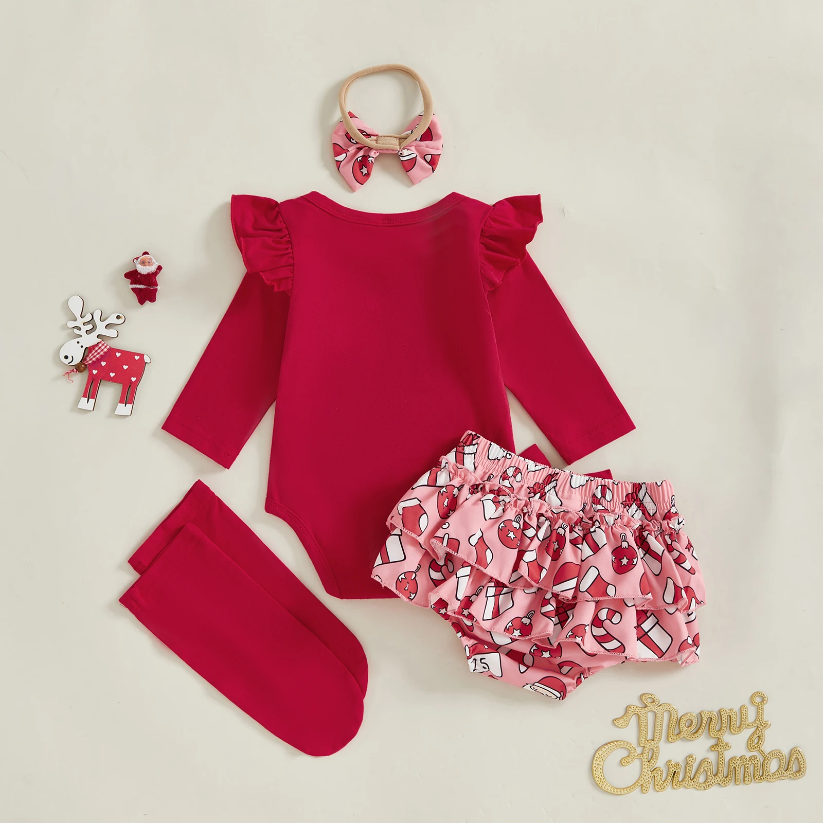VISgogo Conjuntos de Navidad para niñas de manga larga con estampado de Papá Noel/pan de jengibre, pantalones cortos de PP escalonados, conjuntos de calcetines y diadema - imagen 3