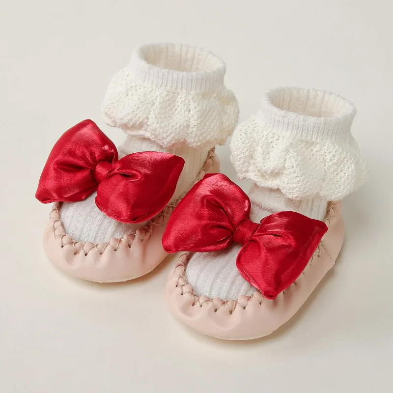 Calcetines de princesa para bebé, zapatos de estilo coreano con lazo Floral, suela de cuero, botines antideslizantes para primeros pasos, calcetín para primavera y otoño - imagen 5