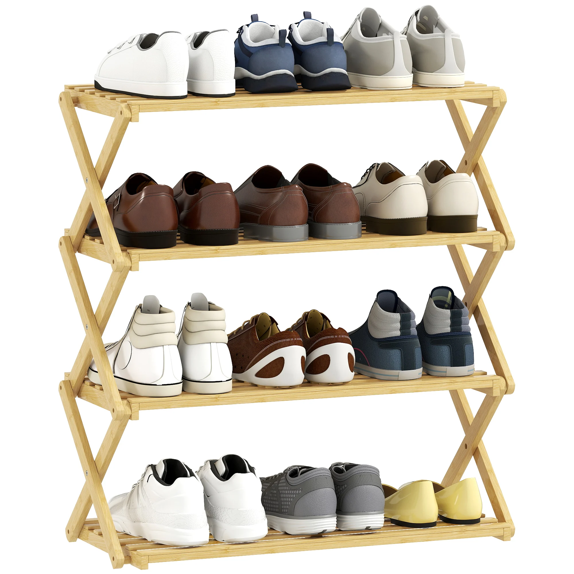 HOMCOM Zapatero Estrecho de Bambú, Zapatero Vertical Plegable de 4 Niveles, Sin Instalación, Estantería para Zapatos para Entrada, Pasillo, Dormitorio, Natural