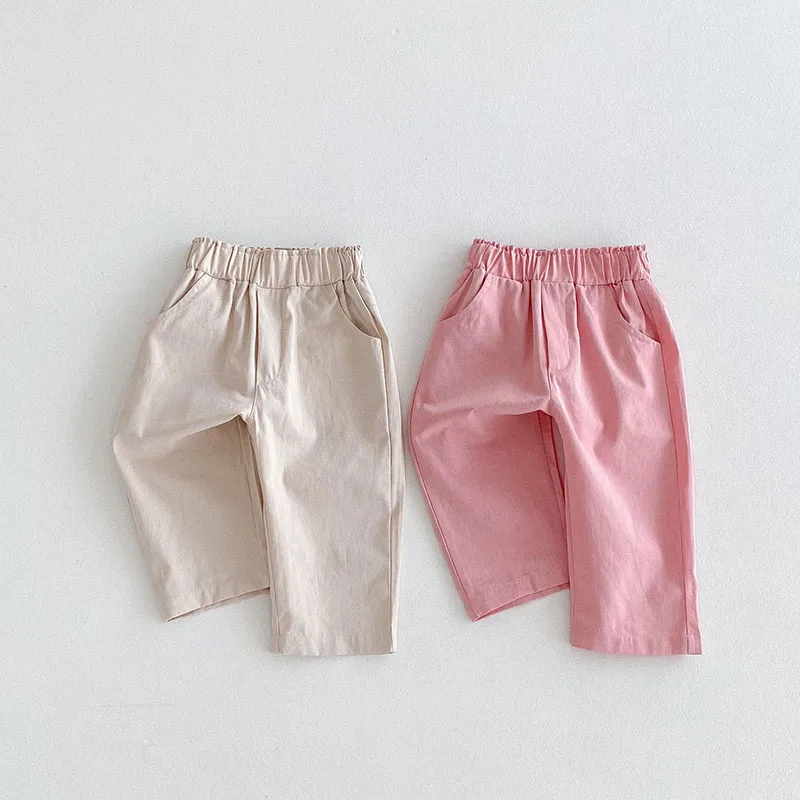 Pantalones casuales de otoño para niños, pantalones de cintura liso elástico para niñas, pantalones sueltos suaves de color rosa dulce - imagen 4