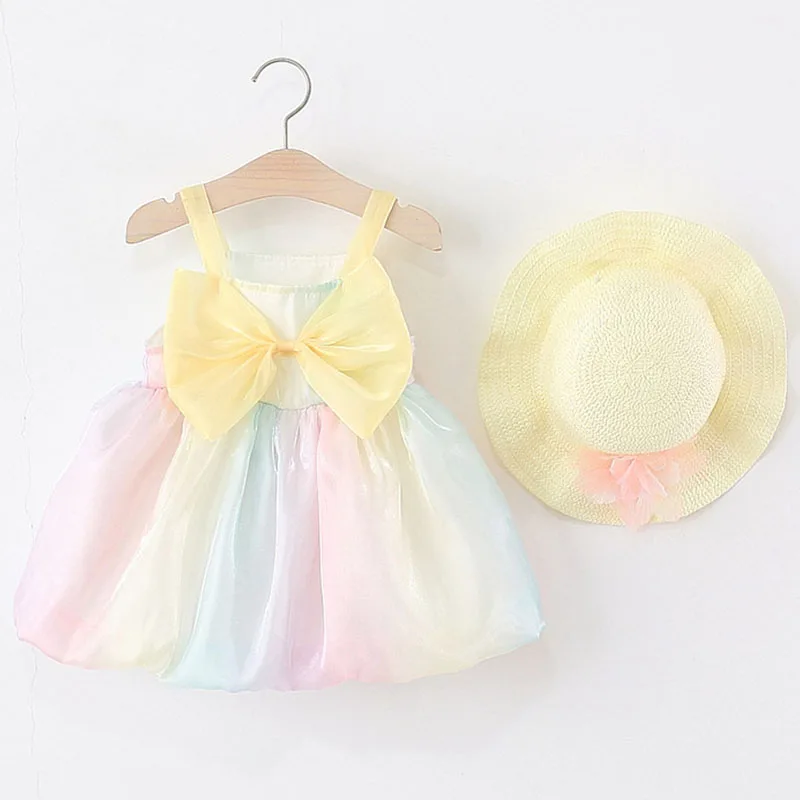Conjuntos de 2 piezas de verano para bebés, ropa para niños, moda coreana para niñas, vestidos de lujo sin mangas con bonito lazo + vestido de princesa con sombrero para el sol B131