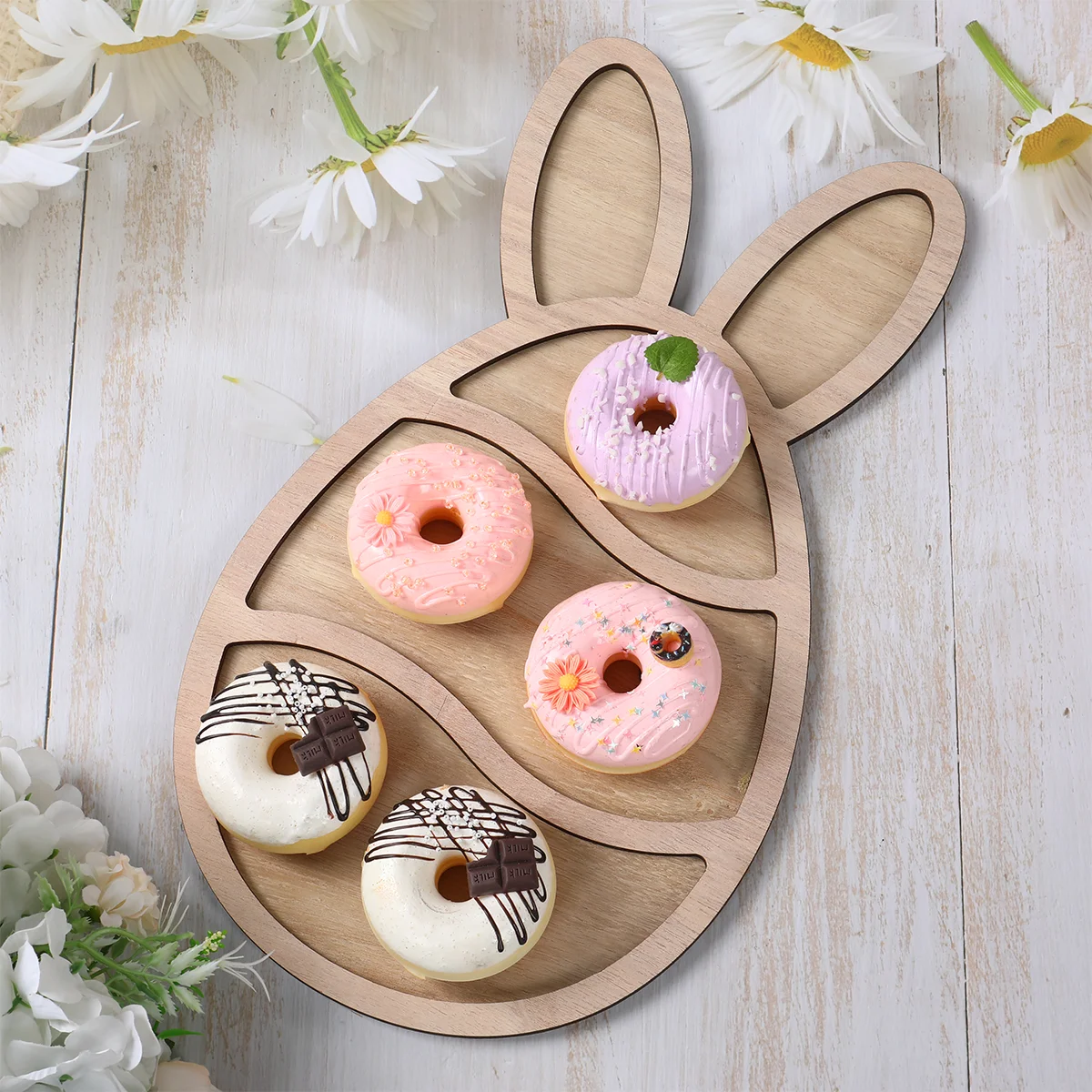 Bandeja de madera para huevos de conejito de Pascua, plato de comida para servir frutas, exhibición de pan, decoración de primavera de madera, decoración de pasteles para niños, suministros de Pascua - imagen 5