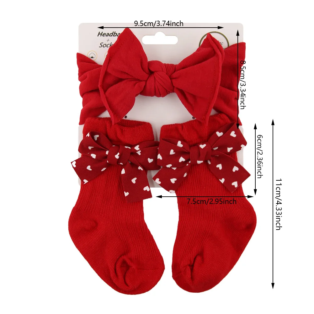 3 unids/set Navidad lazo rojo diademas para bebé calcetines largos hasta la rodilla punto a cuadros corazón estampado arco 0-12M calcetín terciopelo bala Nylon regalo de Año Nuevo - imagen 2