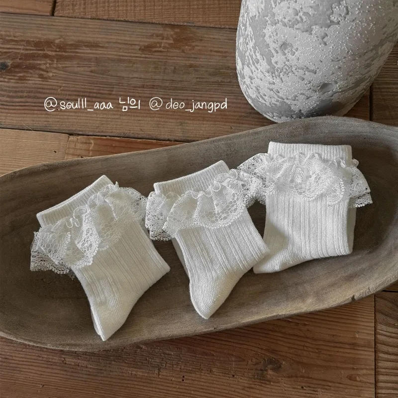 3 par/set de calcetines hasta la pantorrilla con volantes de Color blanco para niñas, calcetines elegantes de princesa de encaje Jacquard para niños, calcetines escolares de algodón suave - imagen 3