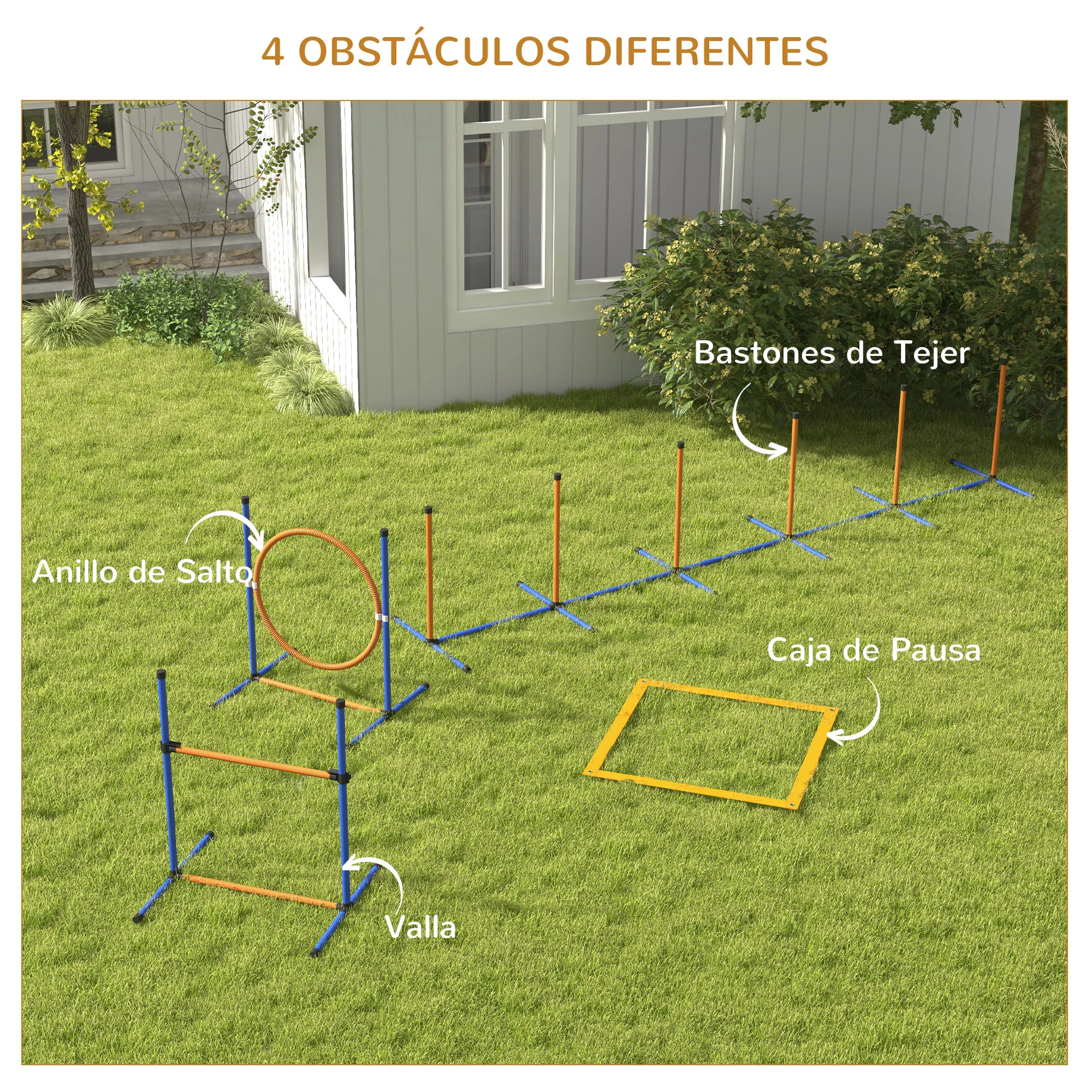 PawHut Set de Entrenamiento de Agilidad para Perros de 4 Piezas Juego de Agilidad para Perros con Piquetes para Slalom Zona de Reposo Valla y Anillo de Salto Naranja y Azul - imagen 3