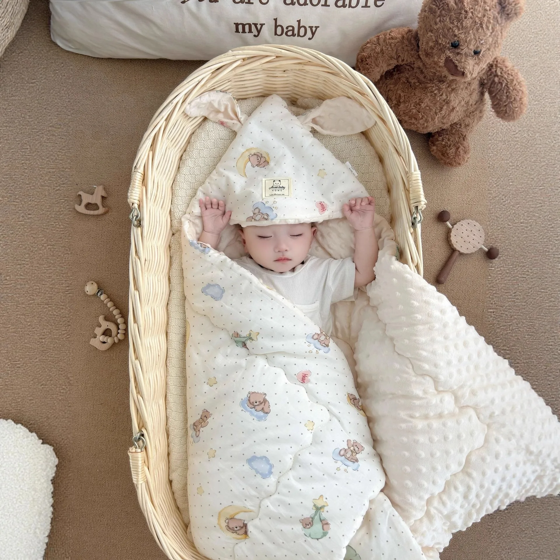 Manta envolvente de algodón suave y cálida con puntos sensoriales, manta receptora para recién nacido, tela para envolver con estampado de orejas para regalo de Baby Shower