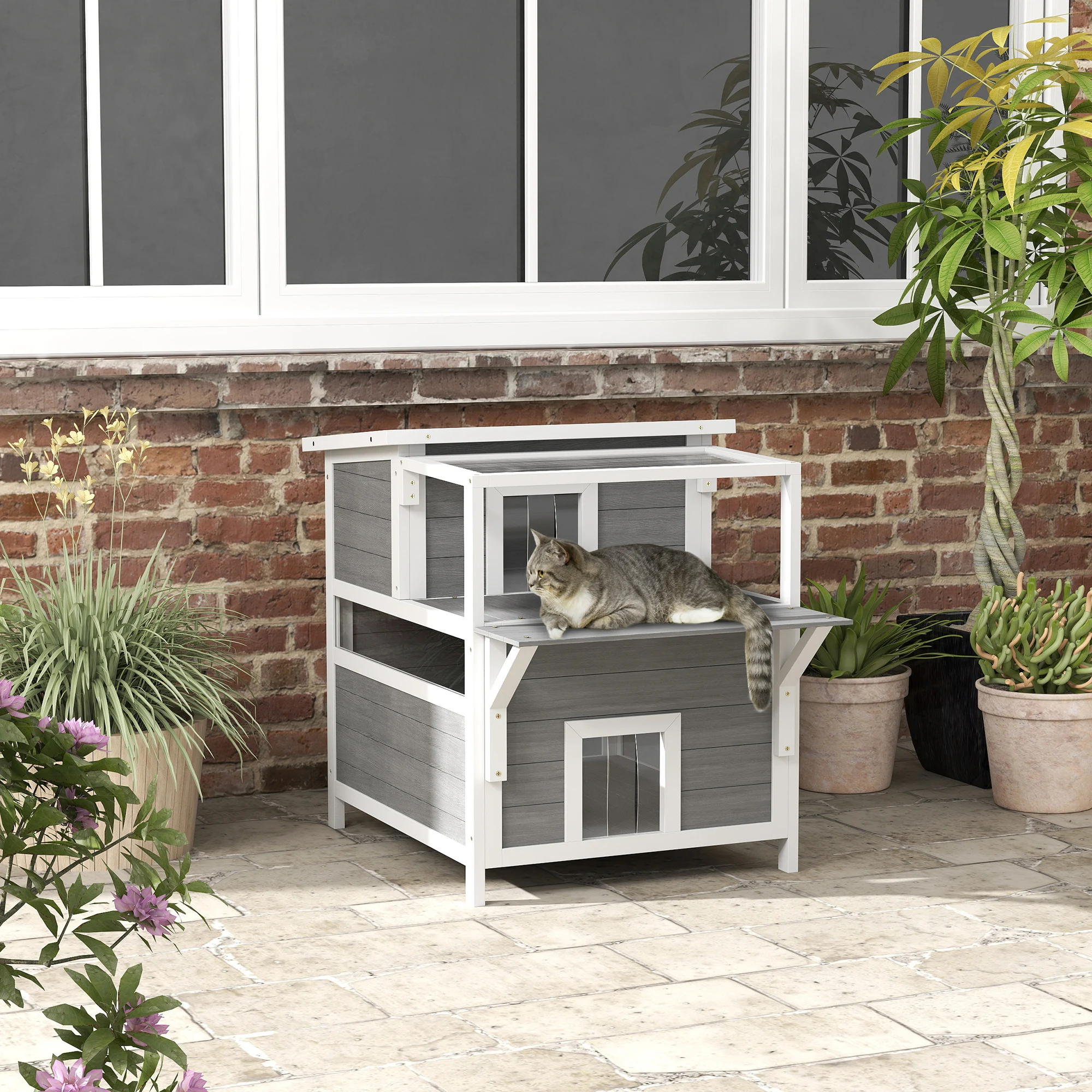 PawHut Caseta para Gatos de Madera 64x87x76 cm Casa para Gatos de 2 Niveles Refugio para Gatos con Techo Asfáltico Ventana y Puerta con Cortina para Interior y Exterior Gris Claro