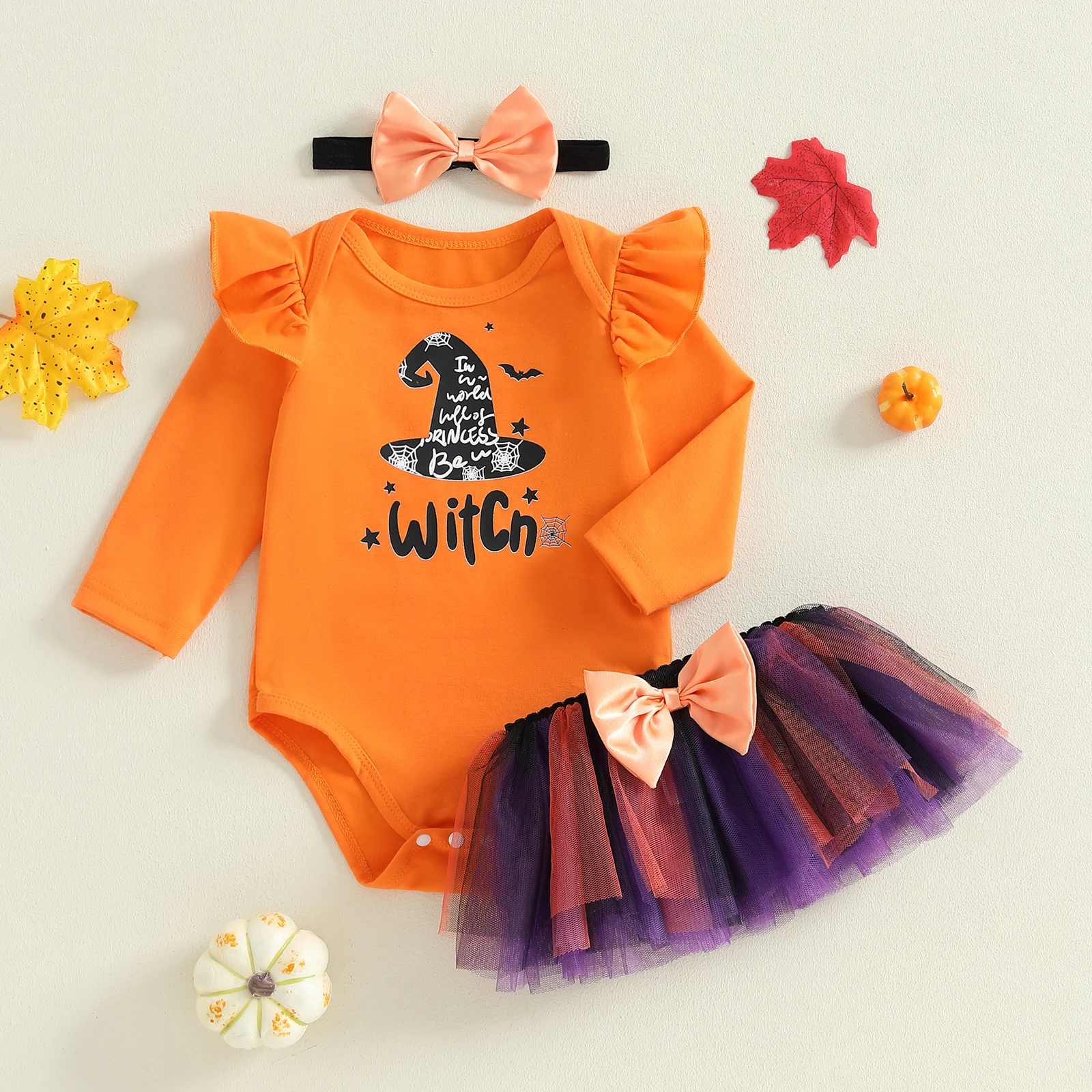 VISgogo Conjuntos de Halloween para niña de 0 a 18 meses, mameluco estampado de manga larga con cuello redondo y falda de tul y diadema con lazo