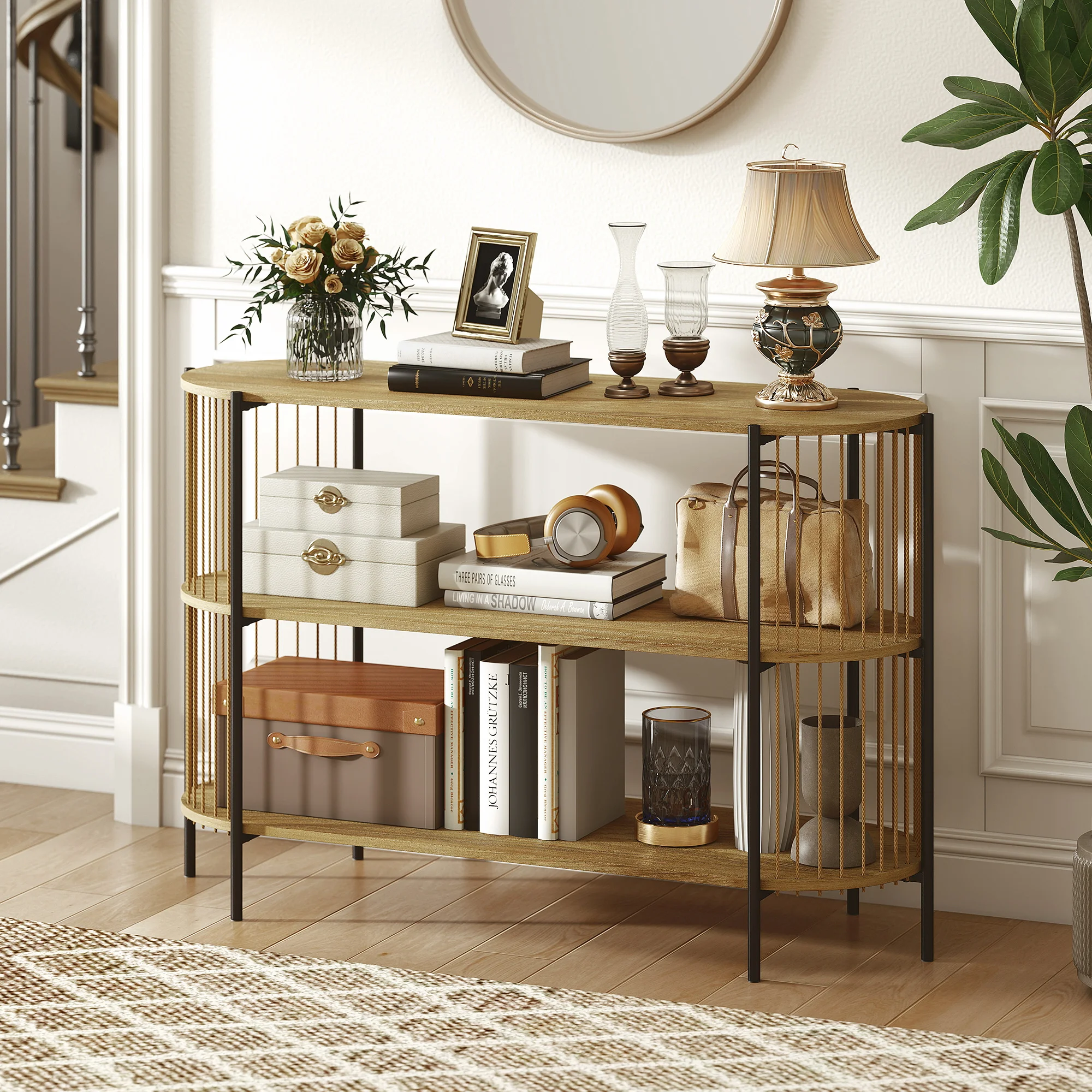 HOMCOM Mesa de Consola con Cuerda de Papel Trenzada a Mano Consola Recibidor de 3 Niveles con Marco de Acero Estilo Bohemio para Entrada Sala de Estar 124x43,5x80 cm Natural