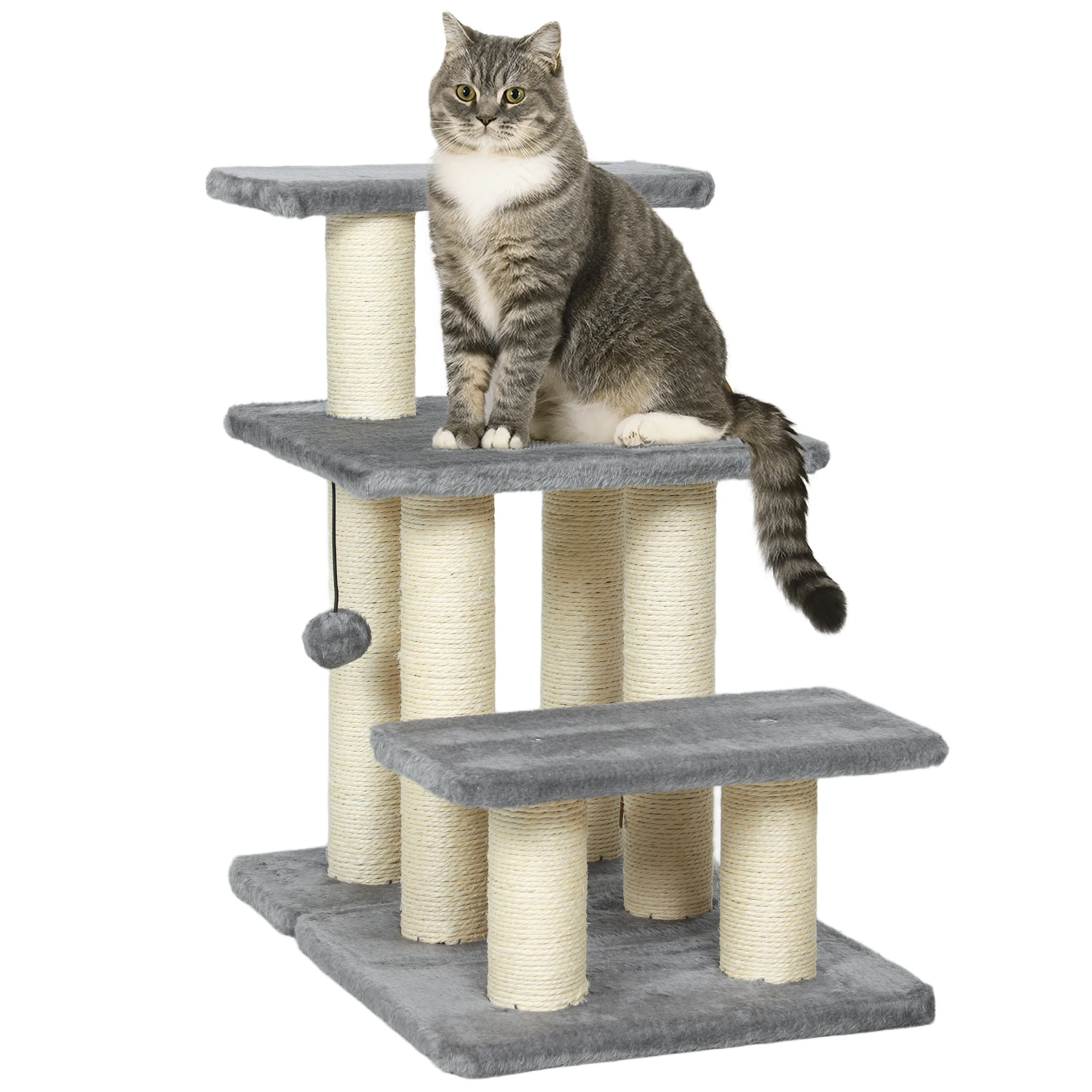 PawHut Escalera para Gatos de 3 Peldaños, Escalera para Mascotas, Estructura Ajustable, con Postes Rascadores, Bola Colgante, Carga 10 kg, para Cama, Sofá, 52x34,5x54 cm, Gris