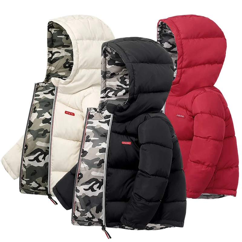 Abrigo grueso y cálido de invierno para niños, chaquetas que se pueden usar en ambos lados, prendas de vestir exteriores con capucha para niños pequeños, ropa para niños