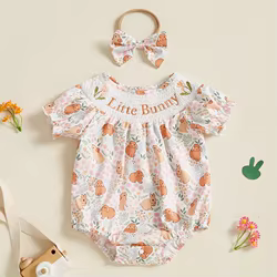 SUNSIOM Mameluco de Pascua para niña con estampado de conejito y letras bordadas, mono de manga corta con cuello redondo y diadema con lazo
