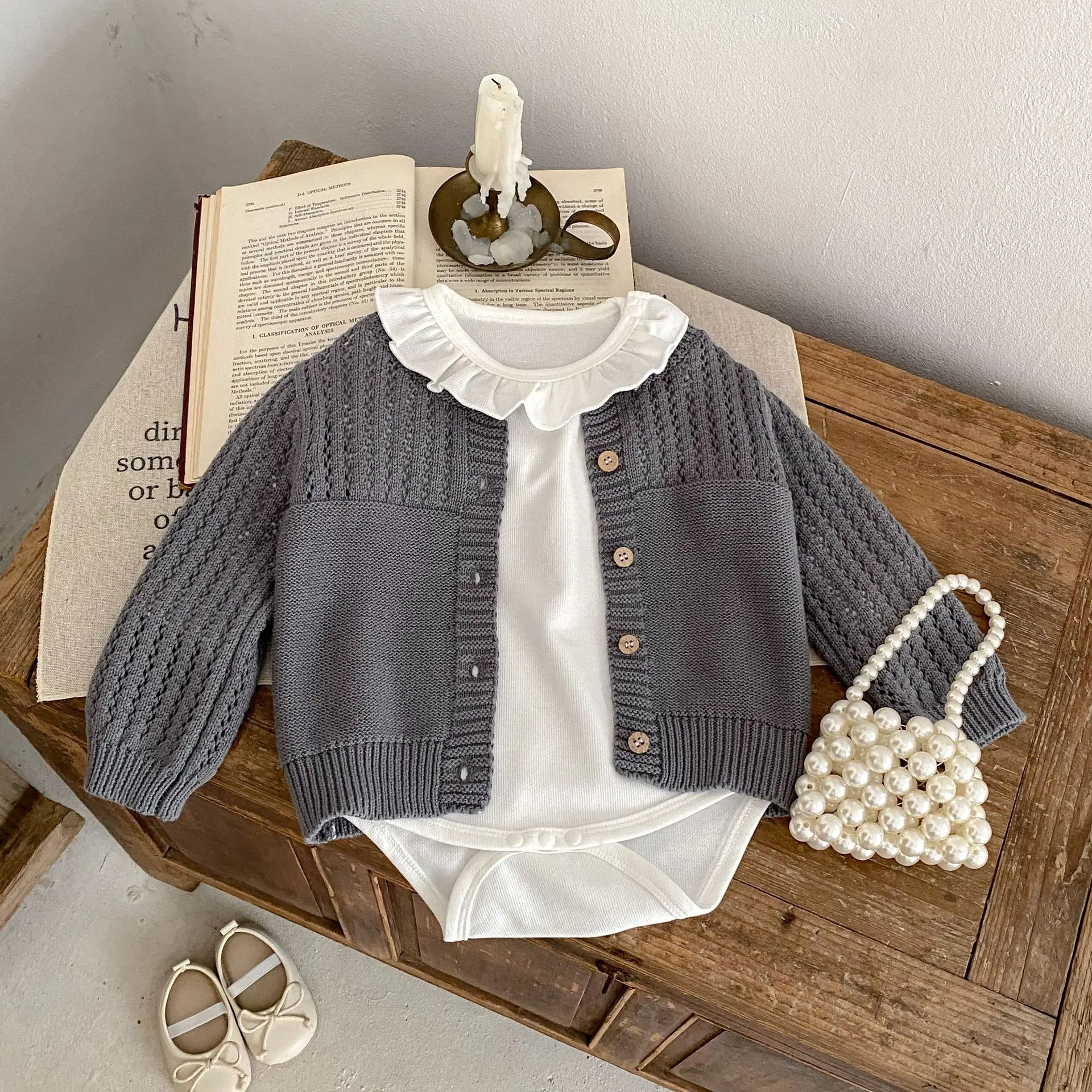 Ins-Mono de punto con cuello con volantes para niña, Pelele de manga larga, falda caqui a tope, Otoño, 2023 - imagen 3