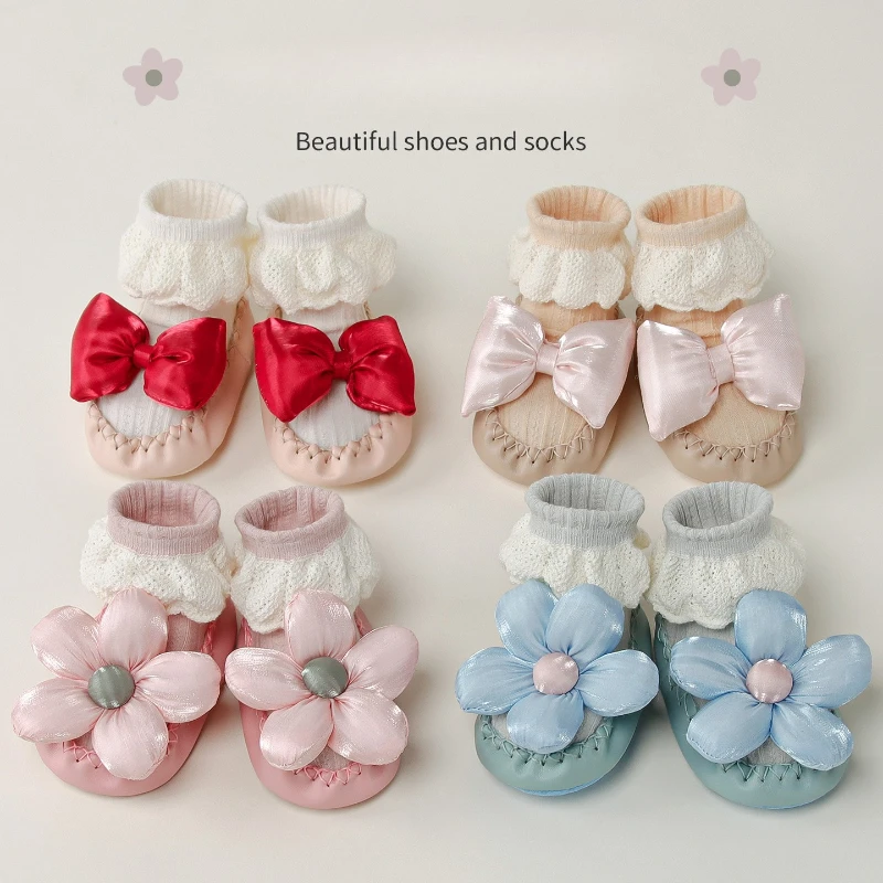 Calcetines de princesa para bebé, zapatos de estilo coreano con lazo Floral, suela de cuero, botines antideslizantes para primeros pasos, calcetín para primavera y otoño