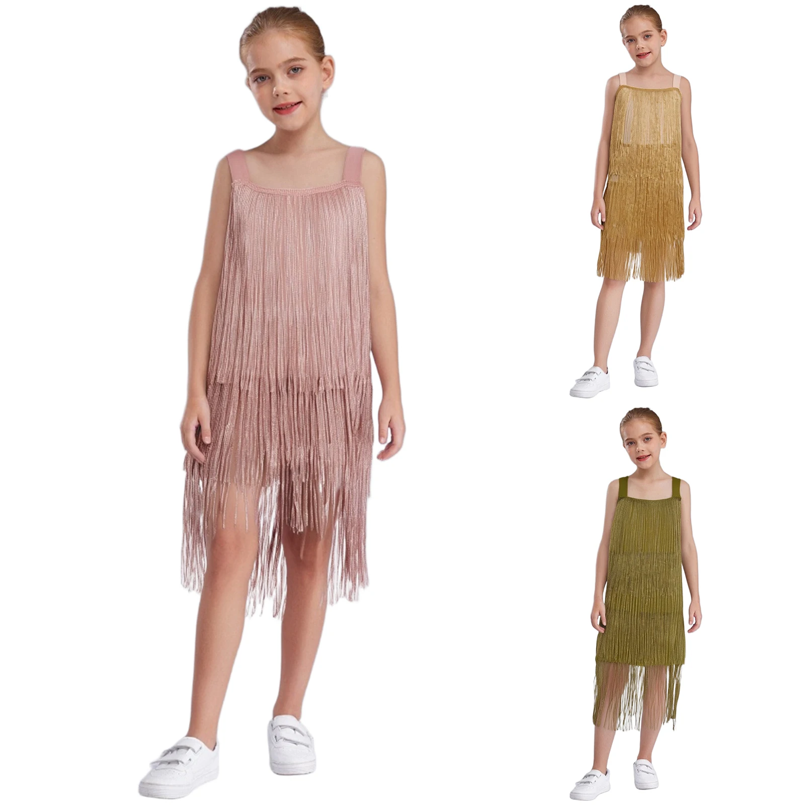 Vestido con flecos escalonados para niñas, sin mangas, tirantes anchos, vestidos con borlas brillantes para fiesta de baile latino, puesta en escena - imagen 2