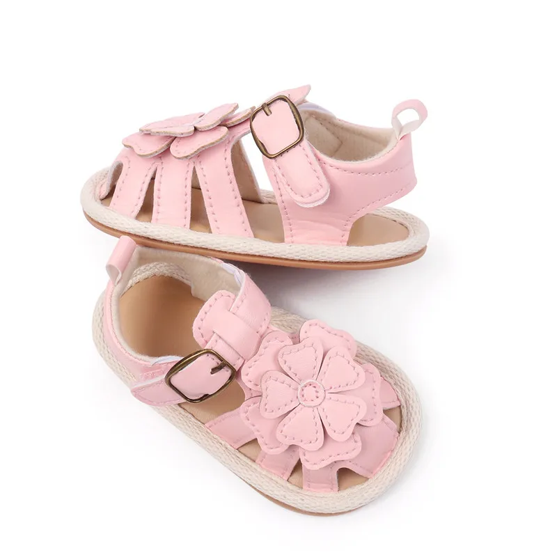 Sandalias para niñas, nuevos zapatos planos de verano para bebés, bonitos zapatos de cuna de PU con flores para primeros pasos para recién nacidos - imagen 3