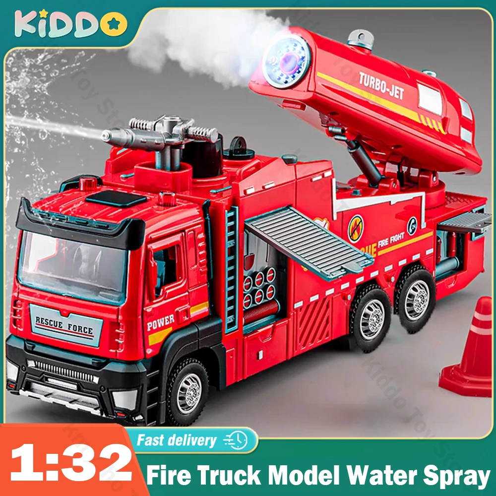Modelo de camión de bomberos, coche de juguete de Metal fundido a presión, simulación de sonido ligero, vehículo de rescate con rociador de agua, modelos de coches extraíbles, Navidad, 1/32
