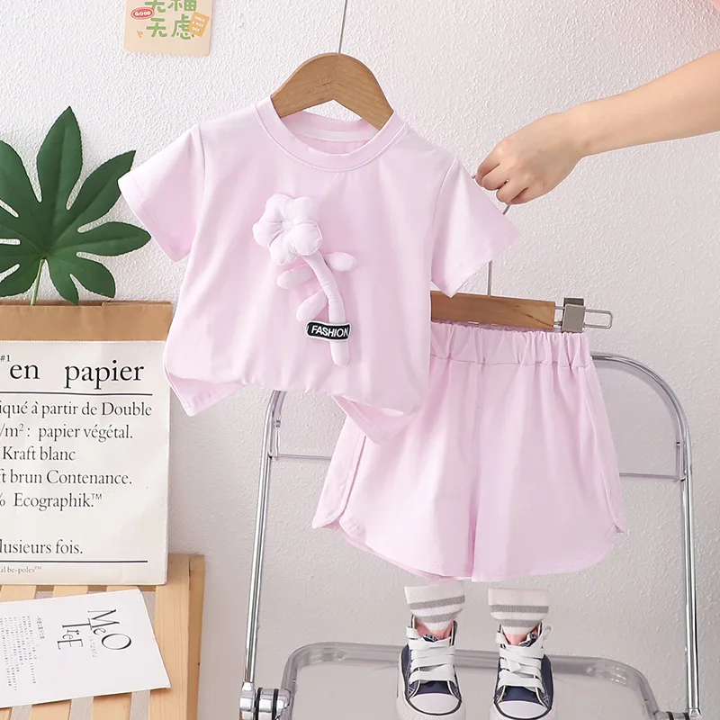 Nuevo conjunto de ropa de verano para niñas, camiseta de manga corta, pantalones cortos, 2 unids/set, ropa para niños, disfraz deportivo informal para niños pequeños - imagen 3