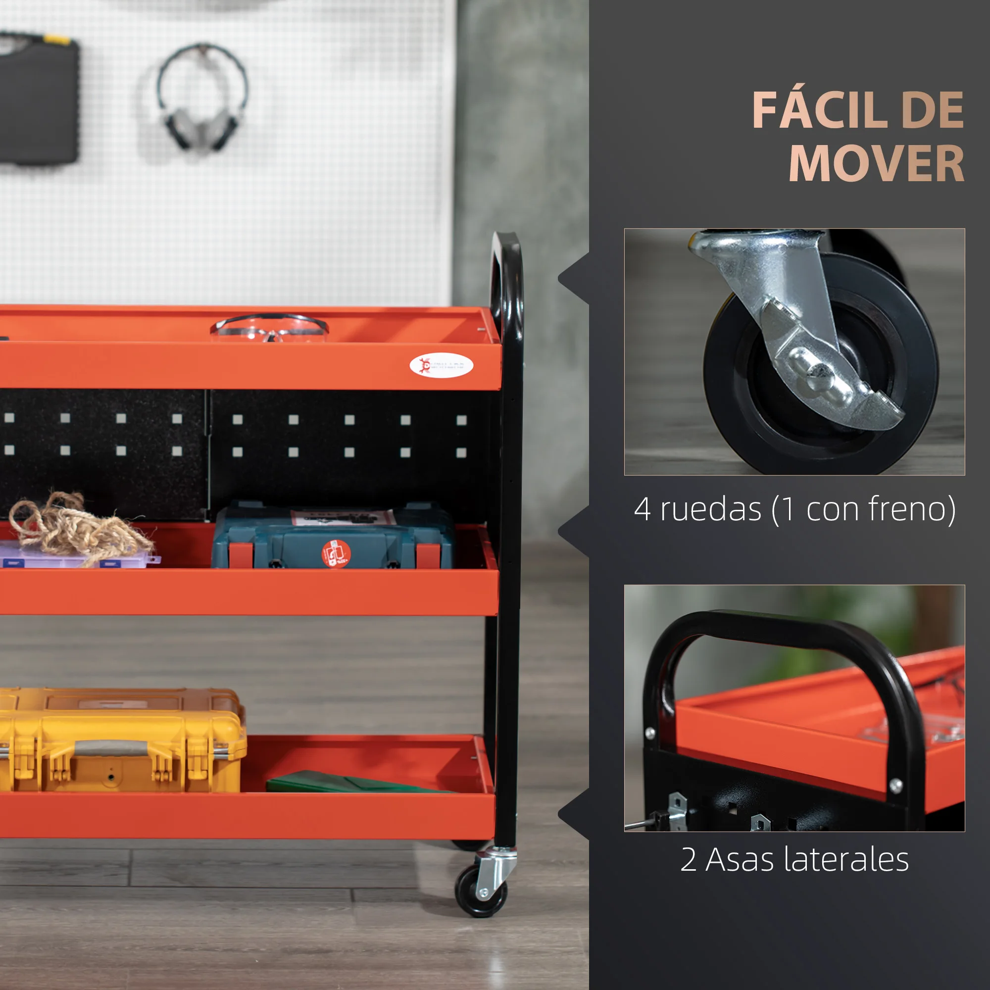 DURHAND Carro de Taller Carro de Herramientas con 3 Estantes Ruedas y Paneles Perforados para Garaje Mecánico Hogar Carga 100 kg Rojo y Negro - imagen 4