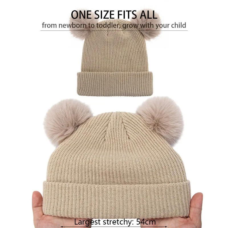 Gorro de punto de estilo europeo para niños con pompones dobles, gorro de invierno de hilo acrílico para bebés, gorro cálido, bonito gorro para niños pequeños - imagen 5