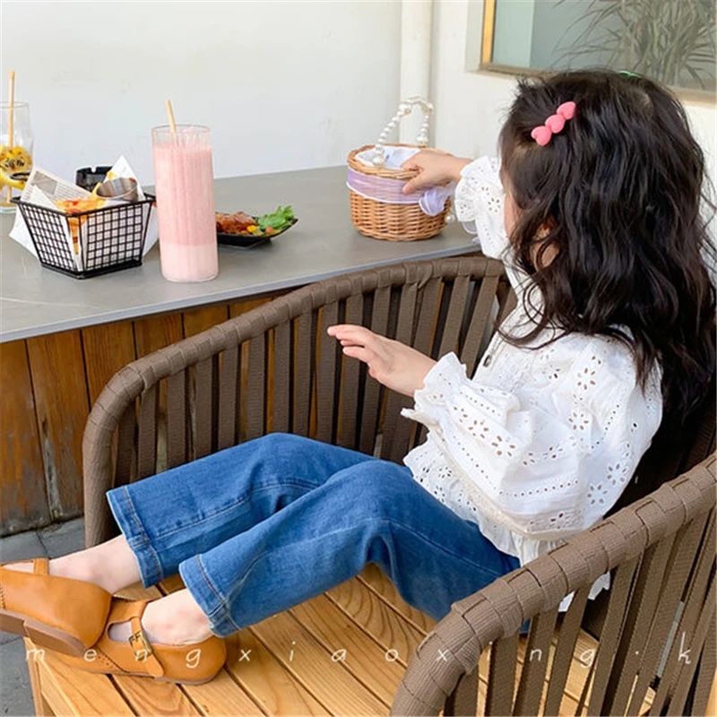 1 pieza de pantalones vaqueros de estilo informal para niñas, pantalones acampanados de mezclilla elásticos de cintura alta, pantalones para niños de primavera y otoño, pantalones vaqueros para niñas - imagen 5