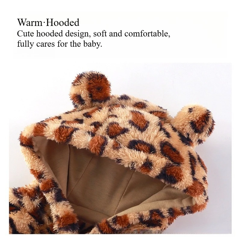 Mameluco con capucha con estampado de leopardo de invierno para bebé con lindas orejas peludas Mono con cremallera oblicua para bebé acogedor y cálido para salidas navideñas - imagen 4