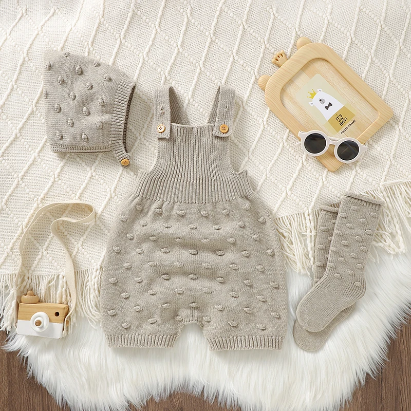3 unids/set de ropa de bebé de punto sólido de ganchillo para recién nacidos, peleles tejidos sin mangas, sombreros, calcetines, trajes para bebés de 0 a 18m