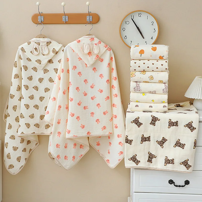 Toalla de baño para bebé, capa de algodón de gasa de 4 capas, toalla con sombrero, albornoz infantil con capucha de dibujos animados para las cuatro estaciones, Toalla de baño suave para niños pequeños - imagen 2
