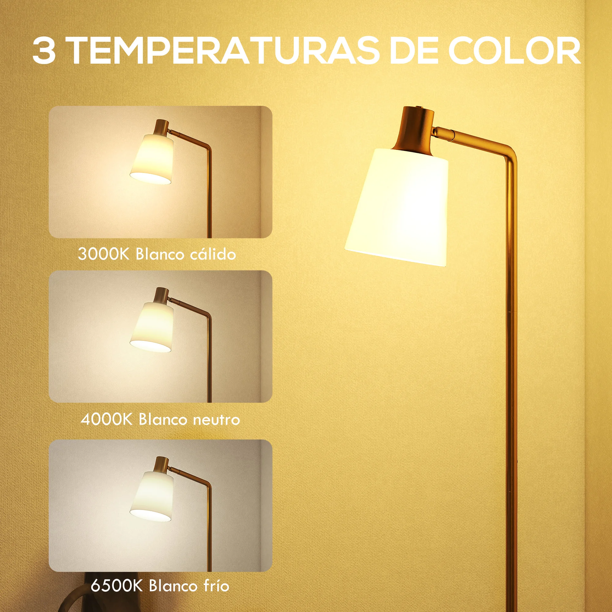 HOMCOM Lámpara de Pie LED Regulable, Lámpara de Pie Salón Moderna con Pantalla Giratoria 350°, 3 Temperaturas de Color 3000K/4000K/6500K y Bombilla E27, para Dormitorio, Oficina, Blanco y Dorado - imagen 4