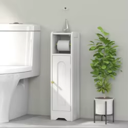 HOMCOM Armario de Baño Estrecho Mueble Auxiliar de Baño 21x20x79 cm con Estante Ajustable Portarrollos de Papel Extraíble y Puerta con Panel Arqueado para Espacios Pequeños Blanco