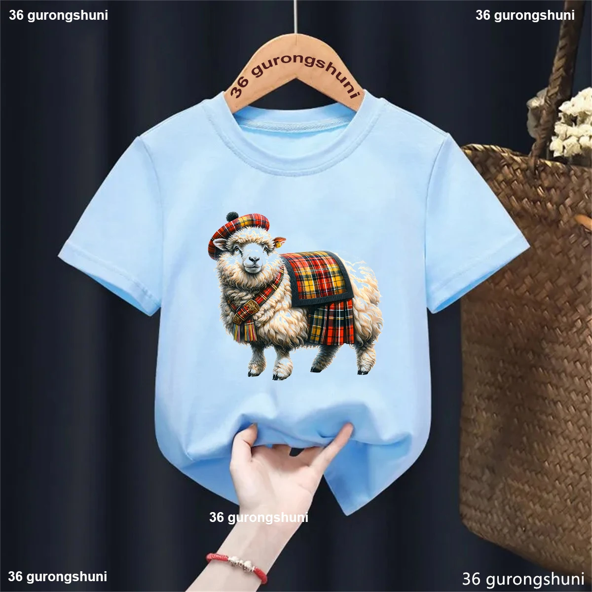 Camiseta con estampado de animales de oveja escocesa para niñas/niños, ropa divertida Kawaii para niños, camiseta blanca/rosa/azul, camiseta de moda de verano - imagen 4