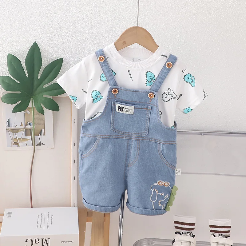 Conjunto de ropa de verano para bebés y niños, camiseta de dibujos animados, pantalones cortos con tirantes, 2 uds./Set - imagen 3