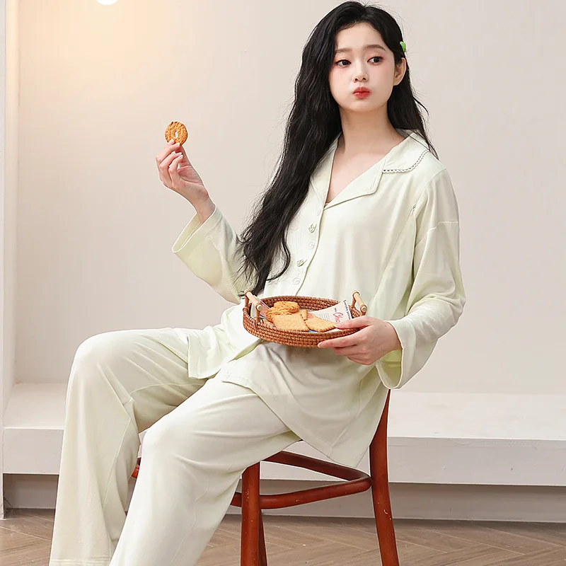 Nuevos pijamas de primavera para mujeres embarazadas, traje de casa de maternidad de Modal liso para amamantar posparto de manga larga - imagen 4