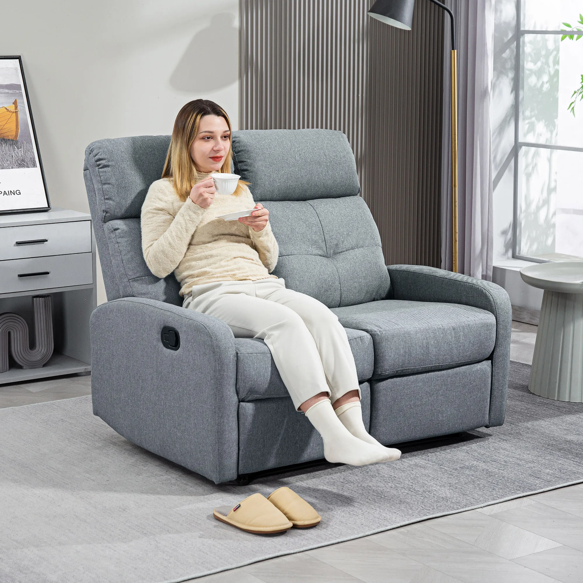 HOMCOM Sofá de 2 Plazas Reclinable Manual Sofá Relax Tapizado en Lino con Reposapiés Muelles Ensacados y Acolchado Grueso para Dormitorio Salón 118x95x101 cm Gris