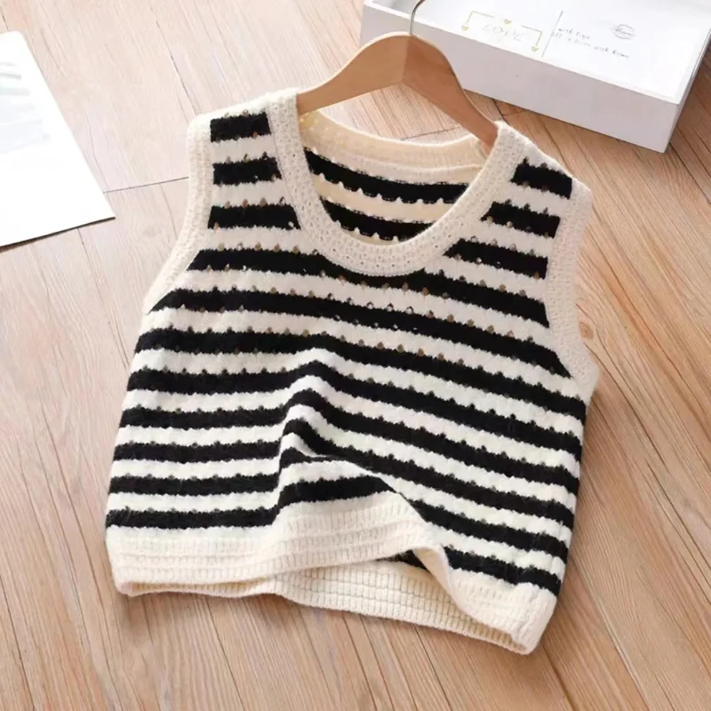 Suéter a rayas para niños, chaleco fino de punto para niñas con cuello en V, chaleco para bebé, suéter sin mangas, chaleco suave para primavera y otoño - imagen 2
