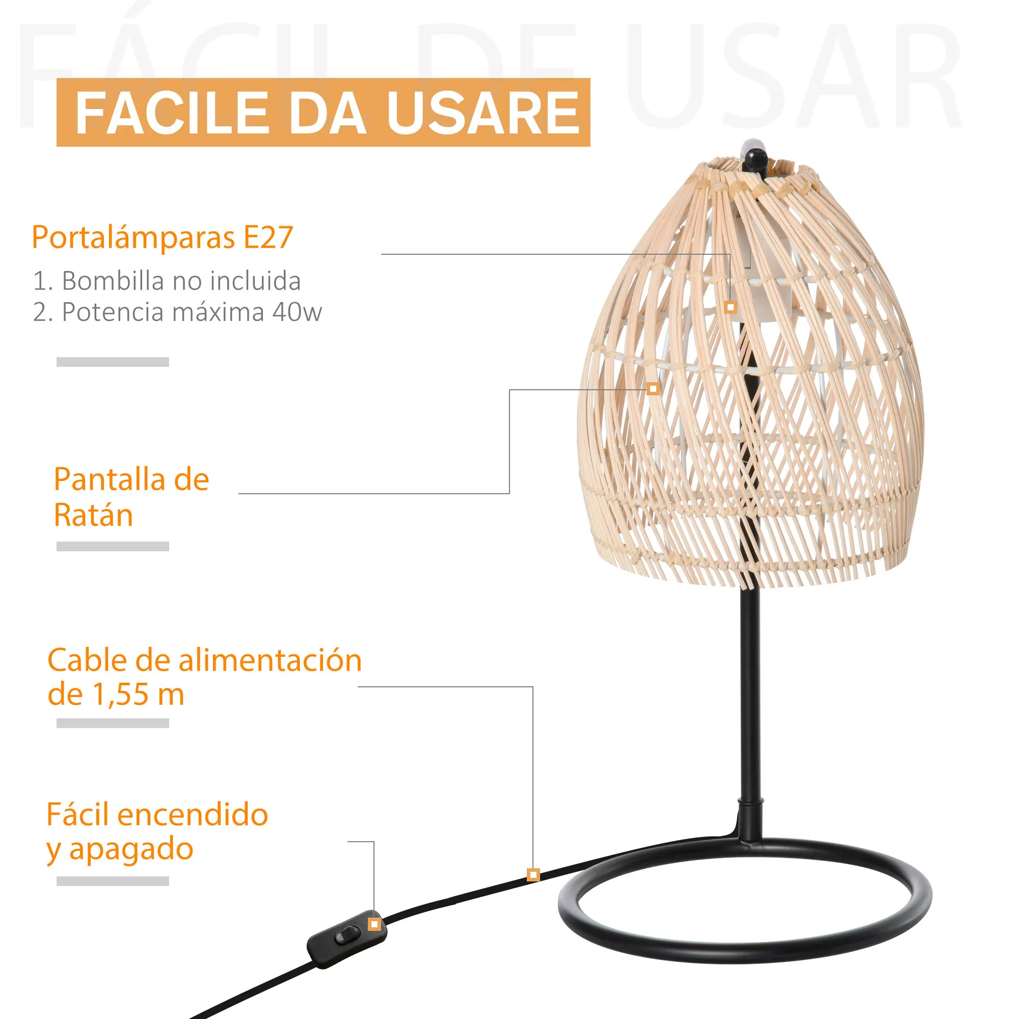 HOMCOM Lámpara de Mesa Lámpara de Mesita de Noche Casquillo E27 Máx. 40W Lámpara Decorativo con Pantalla de Ratán para Dormitorio Salón Ø20x41 cm Natural - imagen 4