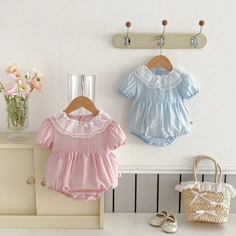 Body de verano para niñas de 0 a 2 años, bonito mono de encaje con cuello de hoja de loto para niñas pequeñas, mono de Color sólido, ropa para bebés - imagen 3