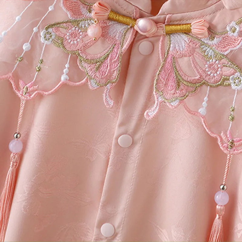 Mono de princesa manga larga rosa con bordados estilo chino y diadema - imagen 5