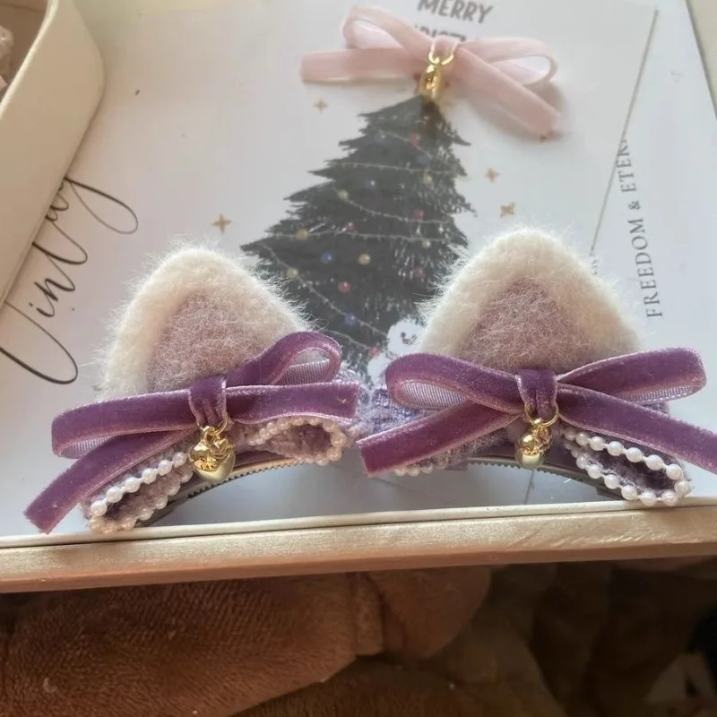 2 unids/set adorables pinzas para el pelo con lazo de oreja de gato para niños y niñas, pasador para el pelo de Furia de dibujos animados, agarre suave para bebé, regalo perfecto - imagen 3