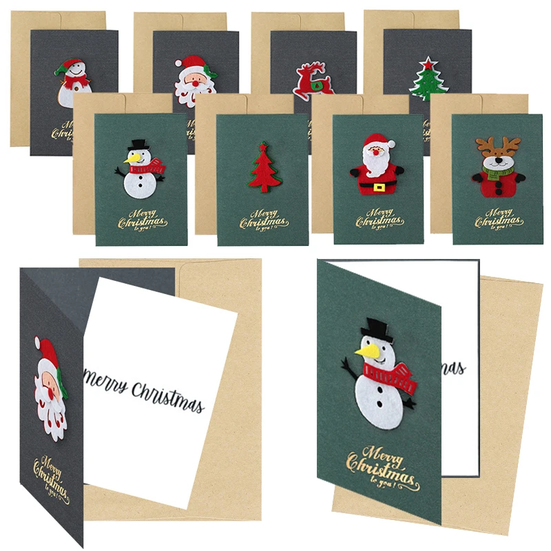 Juego de tarjetas de felicitación navideñas, papel nacarado, invitaciones de fieltro 3D, Papá Noel, muñeco de nieve, alce, árbol de Navidad, recuerdo de estilo mixto, 8 Uds. ZYF
