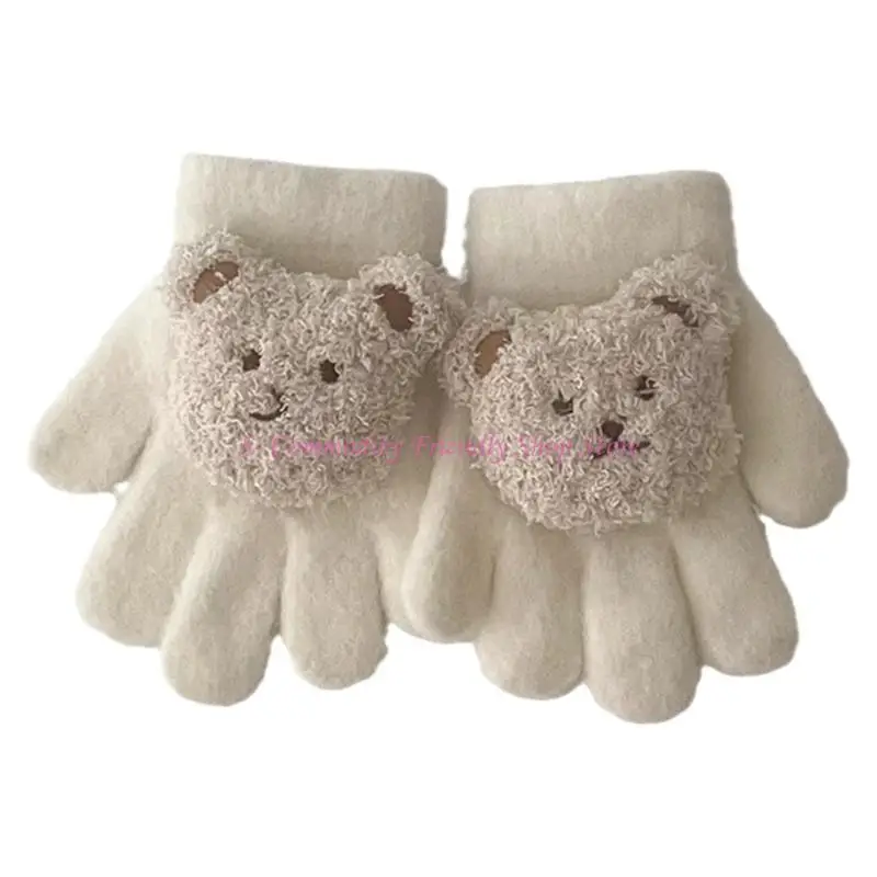 85AE Guantes tejidos invierno con dedos completos Patrón oso dibujos animados Manoplas cálidas Color sólido