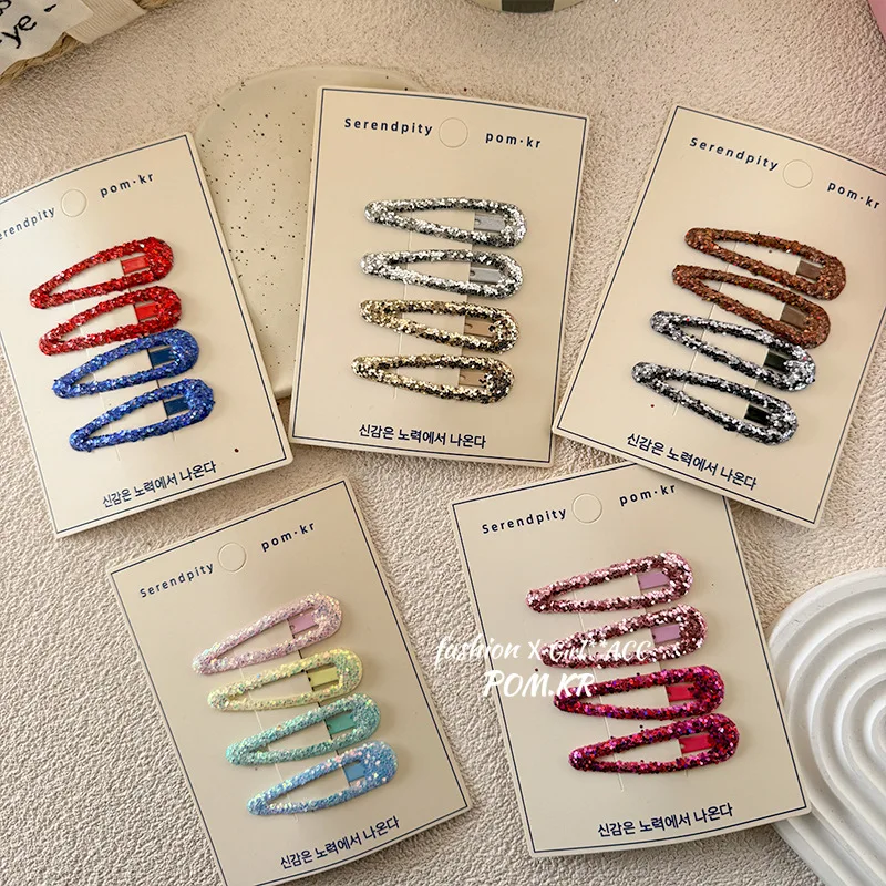 4 Uds. De pasadores sencillos de moda coreana para niñas, pinzas para el pelo de Color sólido con lentejuelas brillantes, accesorios para el cabello para niños - imagen 4