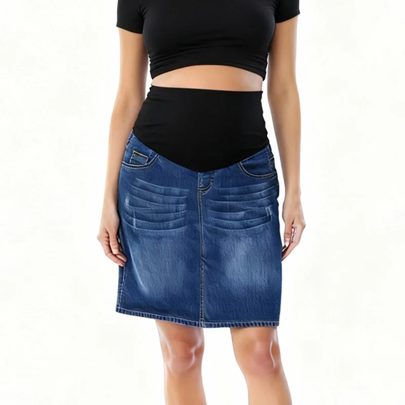 Ropa para mujeres embarazadas, falda vaquera de maternidad, cintura alta, buen estiramiento, banda de cintura plegable, falda vaquera para embarazo de talla grande S a 4XL - imagen 3