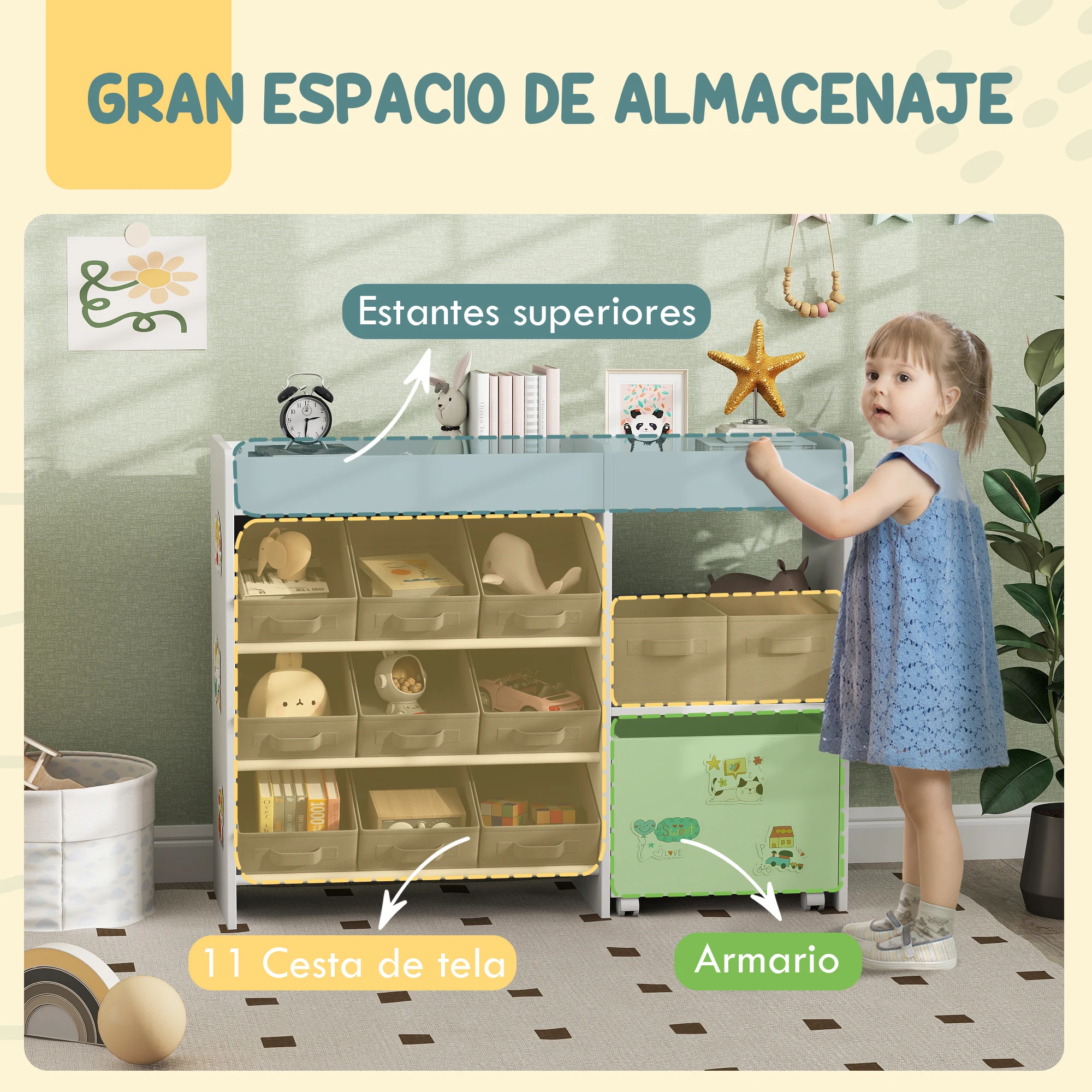 AIYAPLAY Estantería para Juguetes para Niños Organizador Infantil con 11 Cestas Extraíbles Compartimentos y Láminas de Pegatinas para Guardería Sala de Juegos 105x30x80 cm Blanco - imagen 4