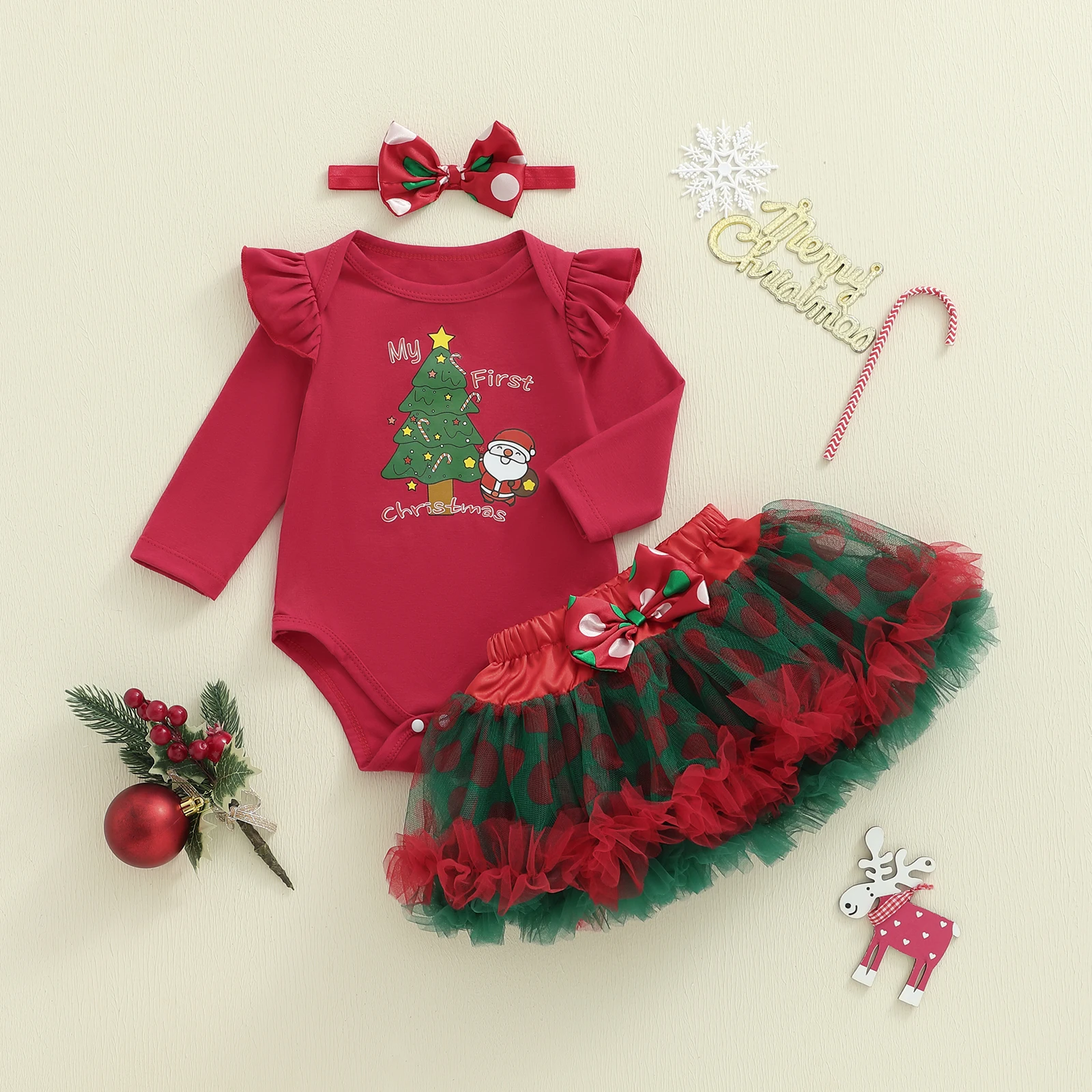 Tregren conjunto Navidad bebé mameluco letras falda tul y diadema