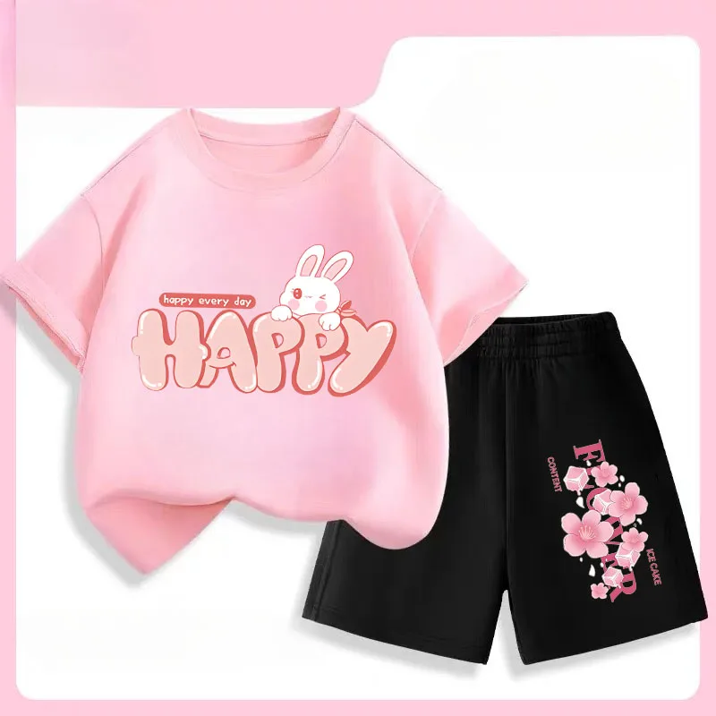 Conjunto de verano para niña: camiseta estampada de conejo ligero