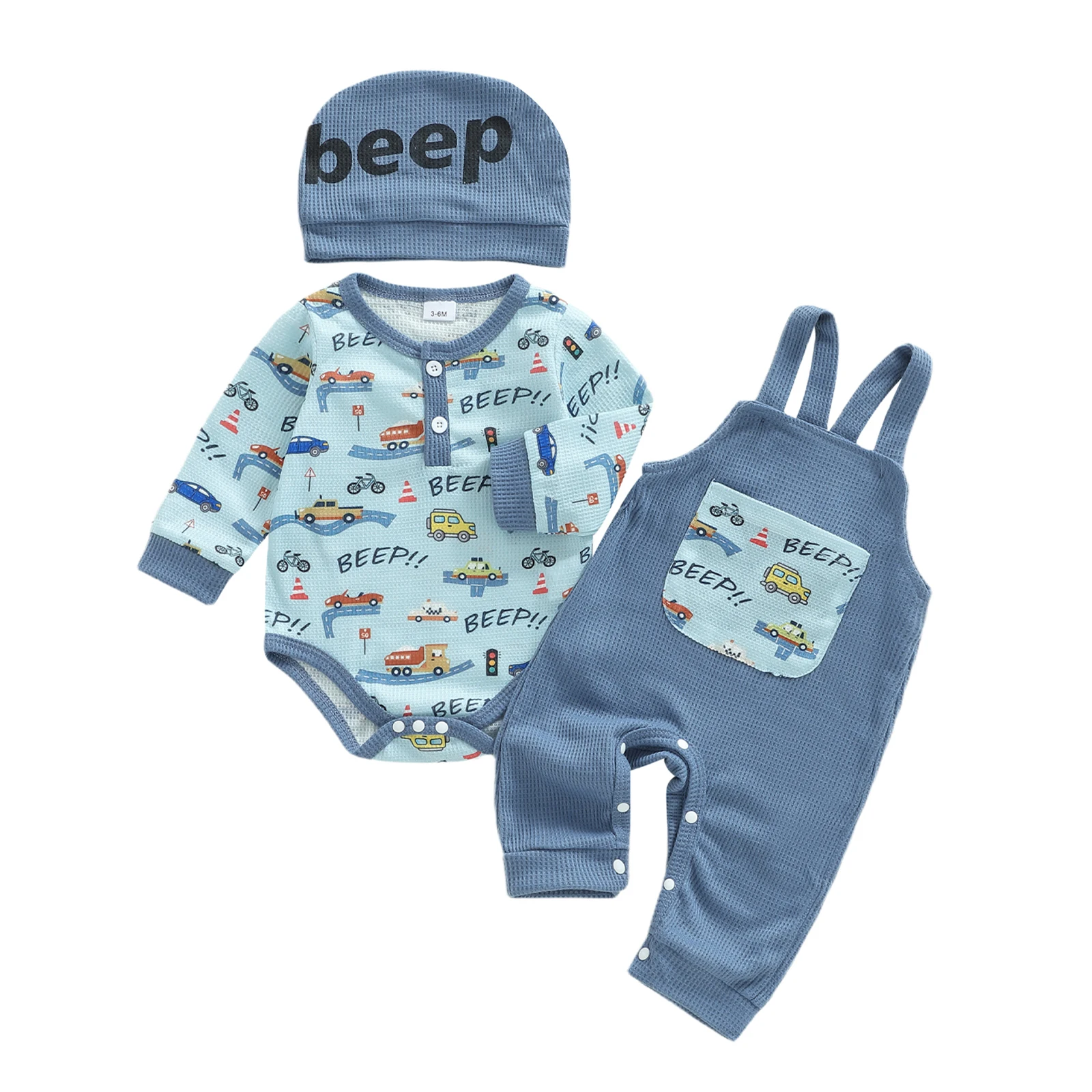 SUNSIOM Conjuntos de ropa para bebés, mameluco estampado de coche/corona de manga larga a la moda con monos y sombrero, trajes de otoño de 3 piezas