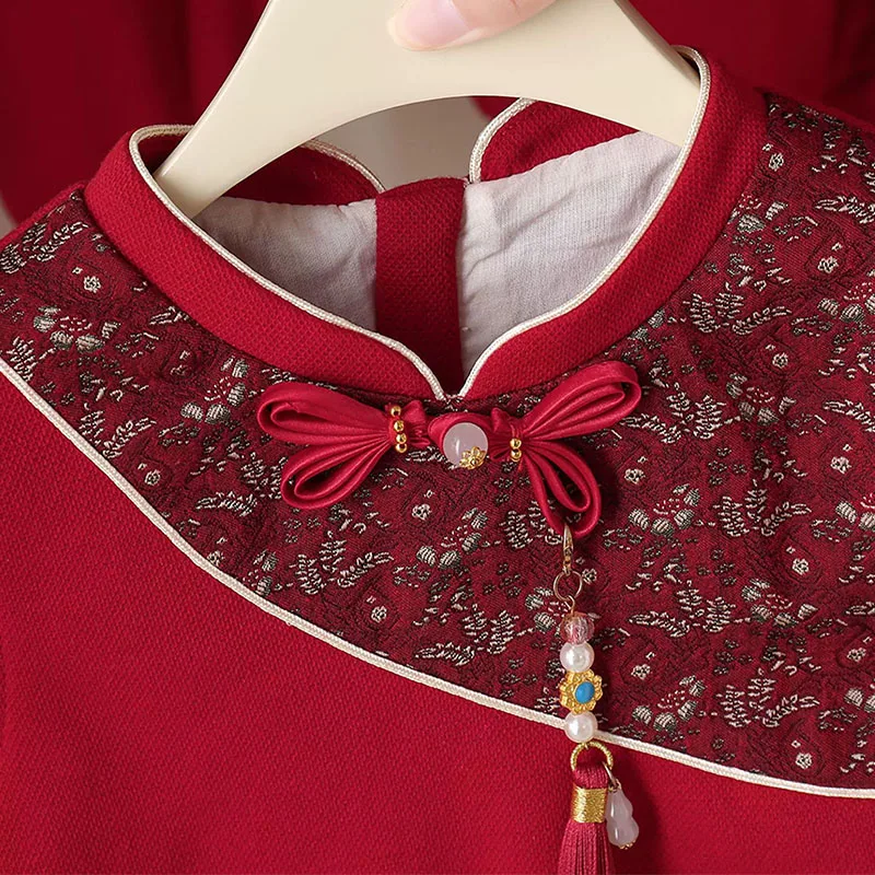 Vestido bordado rojo para niña – Manga larga estilo oriental - imagen 4